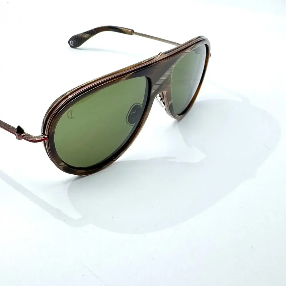 Louboutin Sunglasses Greggo LB0004 62N Brown Horn Aviator Frame Green Lens 61mm
